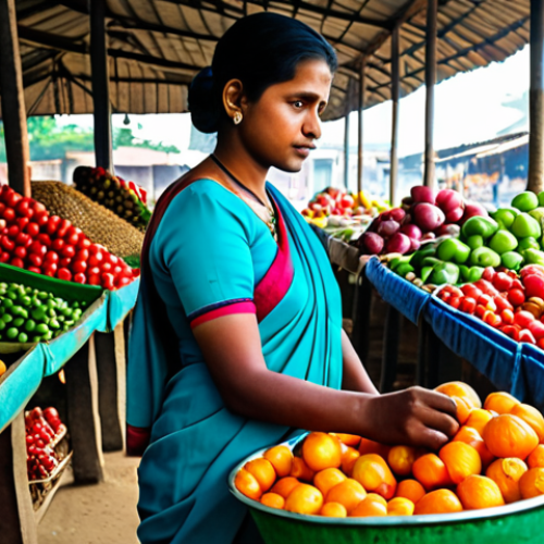 식품위생 실무를 위한 법규 요약 - "A female food inspector in a modest sari, inspecting fresh produce at a local market in Bangladesh,...