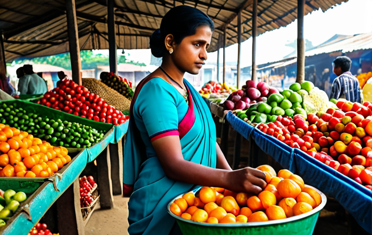 식품위생 실무를 위한 법규 요약 - "A female food inspector in a modest sari, inspecting fresh produce at a local market in Bangladesh,...