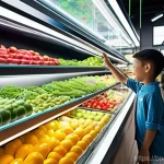 식품 관련 취업 면접 질문 리스트 - **Prompt:** "A vibrant, futuristic indoor food market bustling with diverse people, all dressed in c...