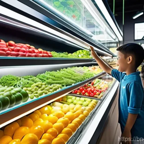 식품 관련 취업 면접 질문 리스트 - **Prompt:** "A vibrant, futuristic indoor food market bustling with diverse people, all dressed in c...