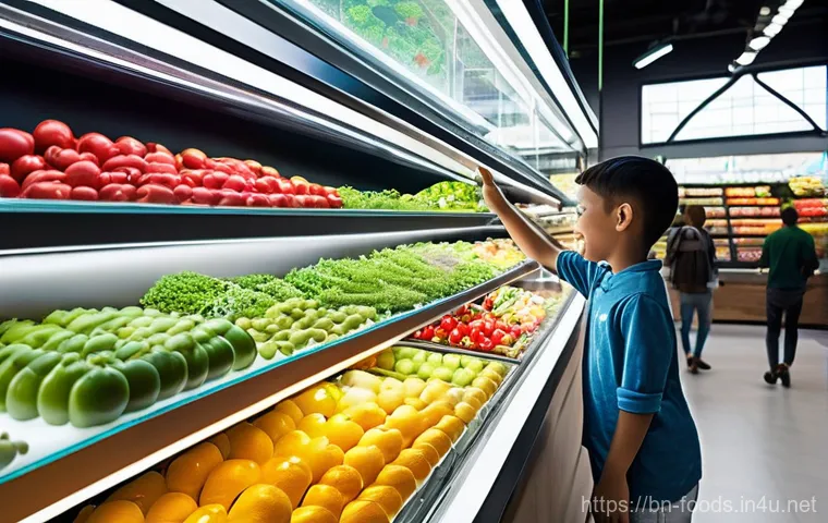 식품 관련 취업 면접 질문 리스트 - **Prompt:** "A vibrant, futuristic indoor food market bustling with diverse people, all dressed in c...