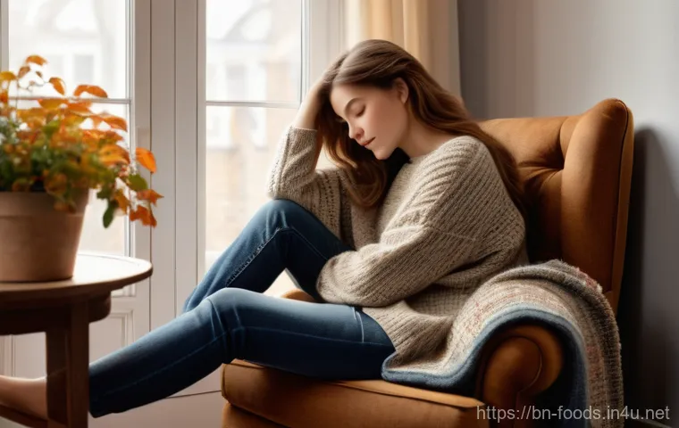 식품위생 안전관리 실무 케이스 - A cozy living room scene with soft, warm lighting emanating from a floor lamp. A young woman with lo...