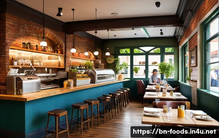 식품 관련 업무 사례 분석 - **Prompt 1: "A brightly lit, cozy cafe interior bustling with diverse customers of various ages, hap...